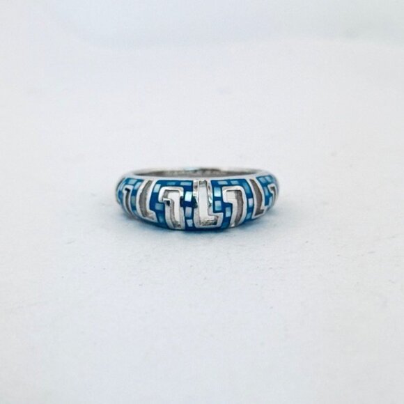 925 Sterling Silver Enamel Band Ring Blue Greek Key Design Size 7.75 - Picture 2 of 11